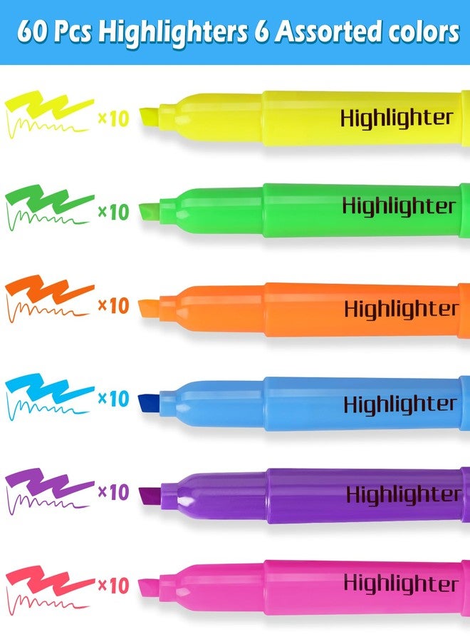 KIZZYEA 60 Pack Highlighters in 6 Assorted Colors, Chisel Tip Dry-Quickly Highlighters Bulk, No Bleed Highlighter Markers for Adult Kids, School Supplies for Teachers, Office Classroom Must Have - Image 5