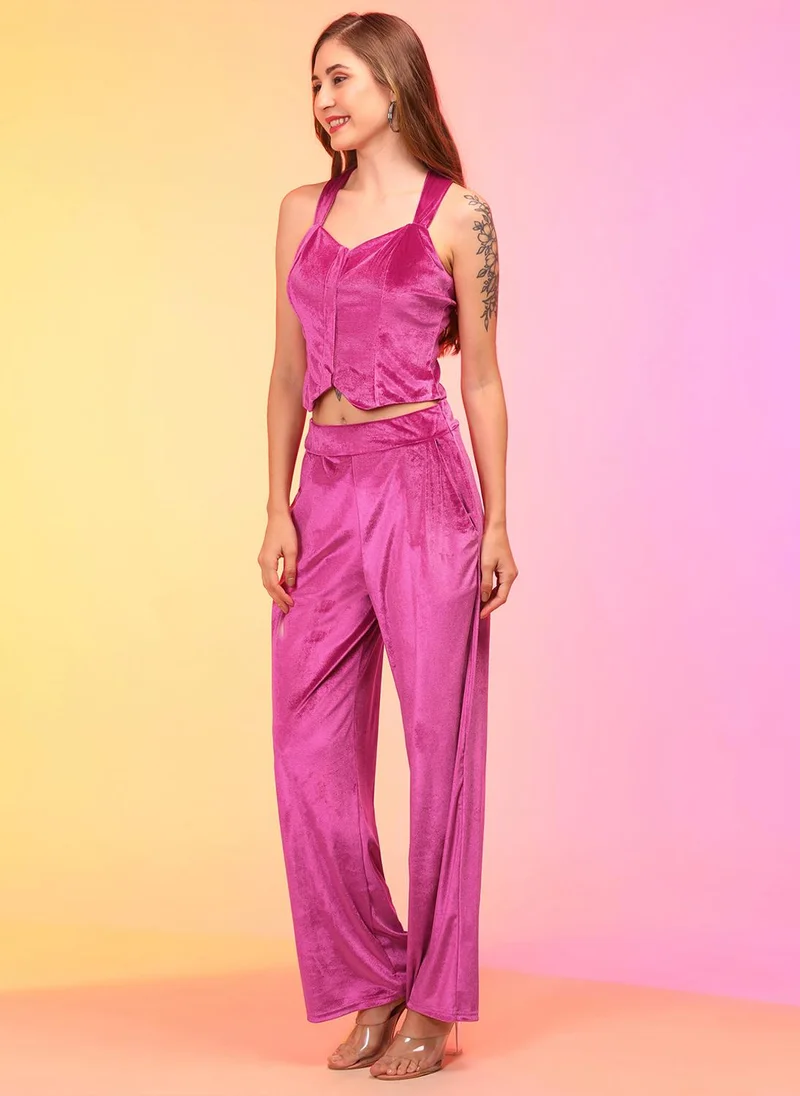 globus Globus Women Velvet Crop Top With Palazzos