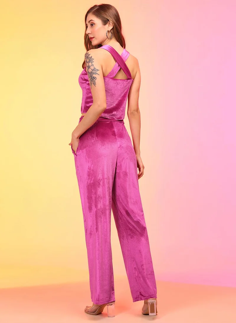 globus Globus Women Velvet Crop Top With Palazzos