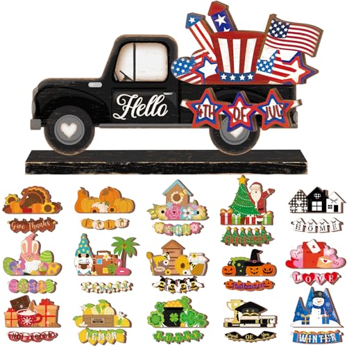 Anglechic 34 Pcs Small Interchangeable Patriotic Truck Decor 4th of July Table Centerpiece Holiday Seasonal Sign Farmhouse Wood Home Office Desk Accessories Memorial Day Tiered Tray Decorations Gift - Image 1