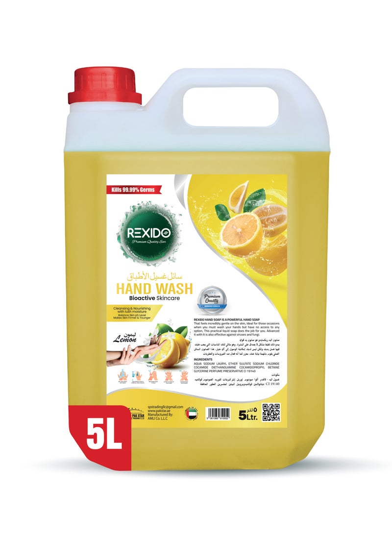 REXIDO - Premium Antibacterial Hand Wash Liquid, Classic Lemon, 5 Liter, Strong Germ Protection WithBio Active Skin Care, Cleansing & Nourishing, for Firmer, Younger-Looking Skin - Image 1