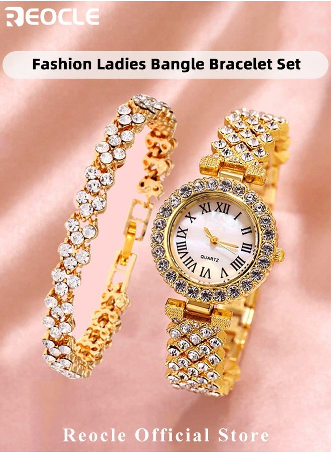 REOCLE Women's Premium Crystal Accented Bangle Watch and Bracelet Set Diamond Wristwatch Set Analog Quartz Wrist Watch for Ladies  - Image 3