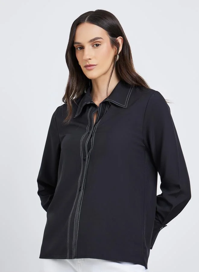 Styli Styli Black Contrast Stitch Detail Regular Fit Shirt