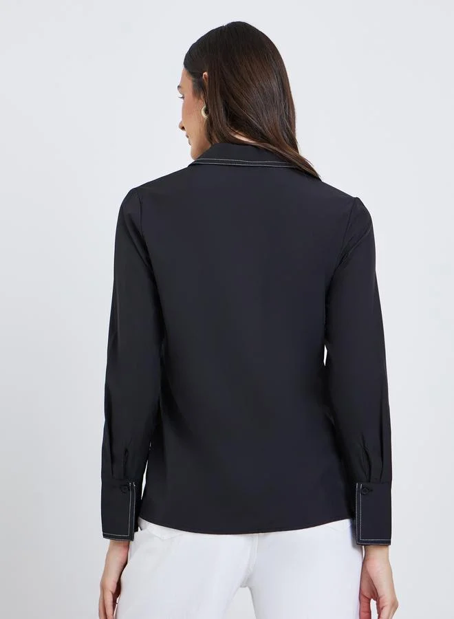 Styli Styli Black Contrast Stitch Detail Regular Fit Shirt