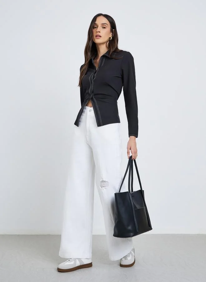 ستايلي Styli Black Contrast Stitch Detail Regular Fit Shirt