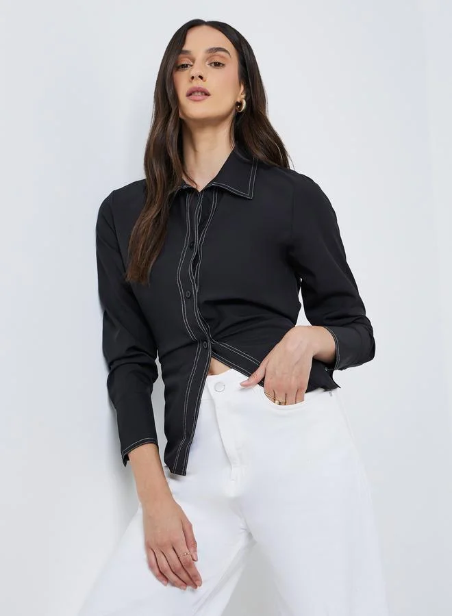 ستايلي Styli Black Contrast Stitch Detail Regular Fit Shirt