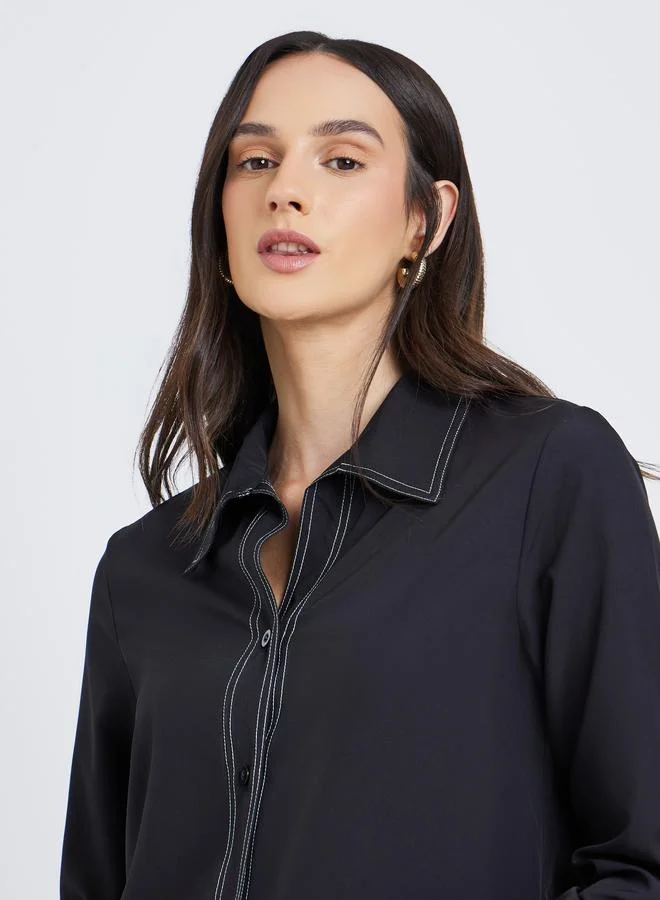 Styli Styli Black Contrast Stitch Detail Regular Fit Shirt