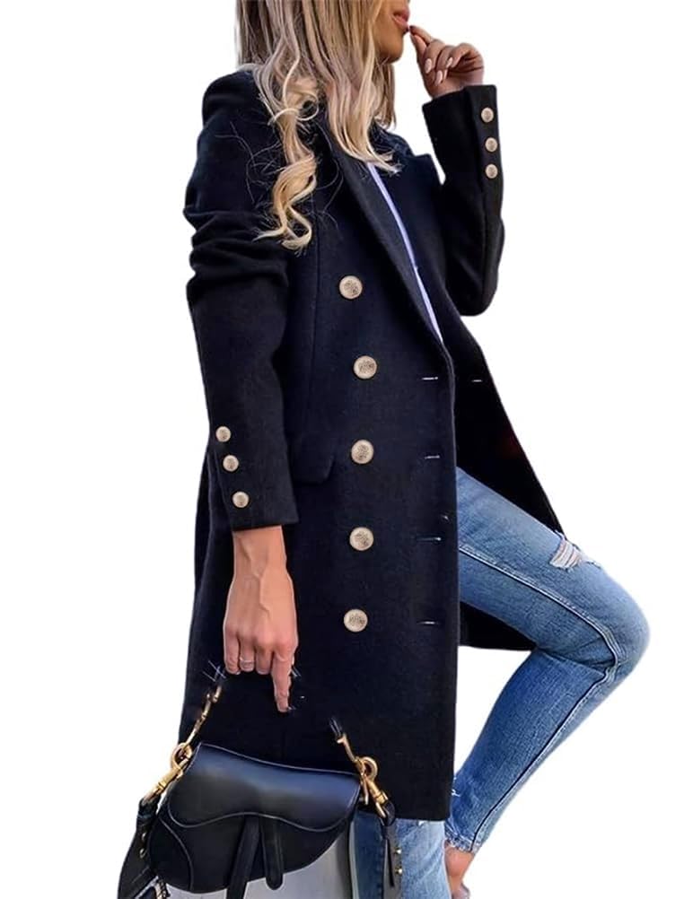 IDEALSANXUN Womens Fall Winter Wool Coats Double Breasted Midi Peacoat Trench Coats(Navy, XL) - Image 1