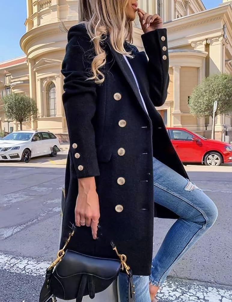 IDEALSANXUN Womens Fall Winter Wool Coats Double Breasted Midi Peacoat Trench Coats(Navy, XL) - Image 2