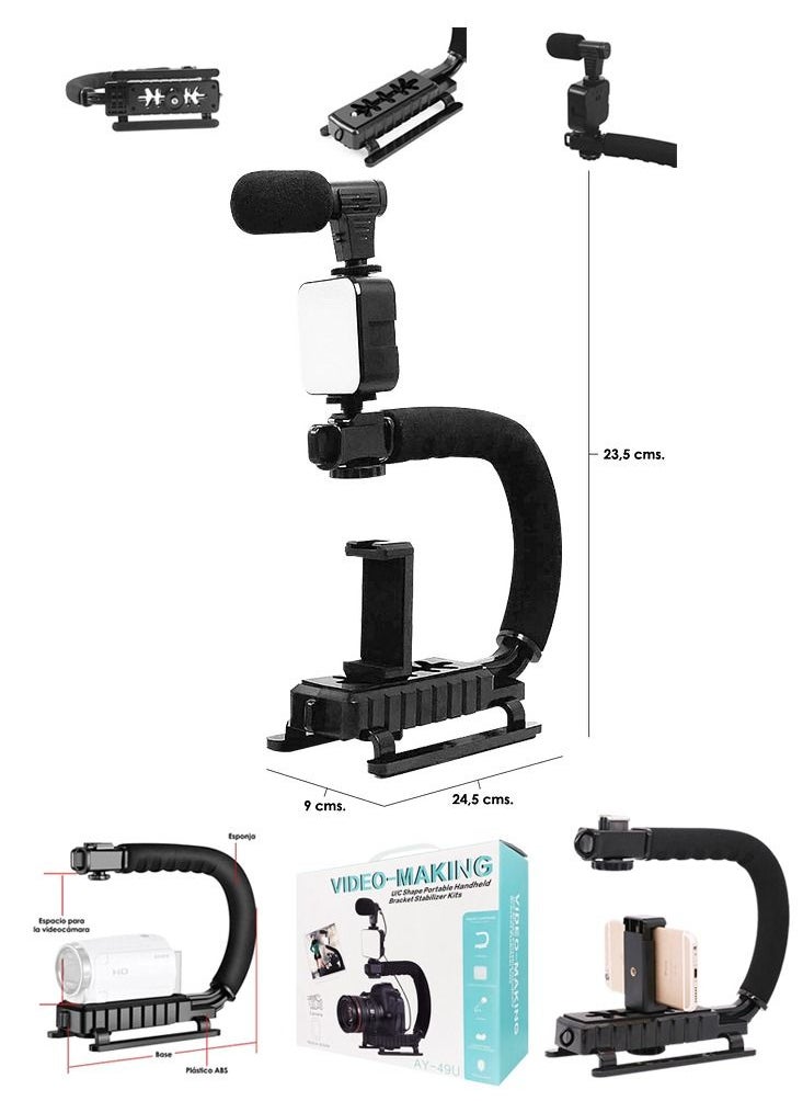 Generic - AY49U/C Type Portable Camera Stabilizer Fill Light Microphone Camera Bracket iPhone & Android Mobile Phone Live Broadcast Holder Black - Image 1