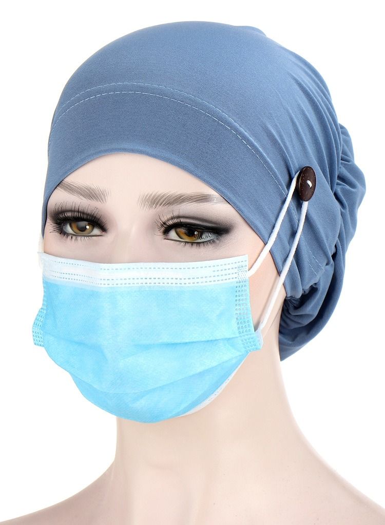 Loquat Solid Button Pullover Cap Denim Blue  - Image 1