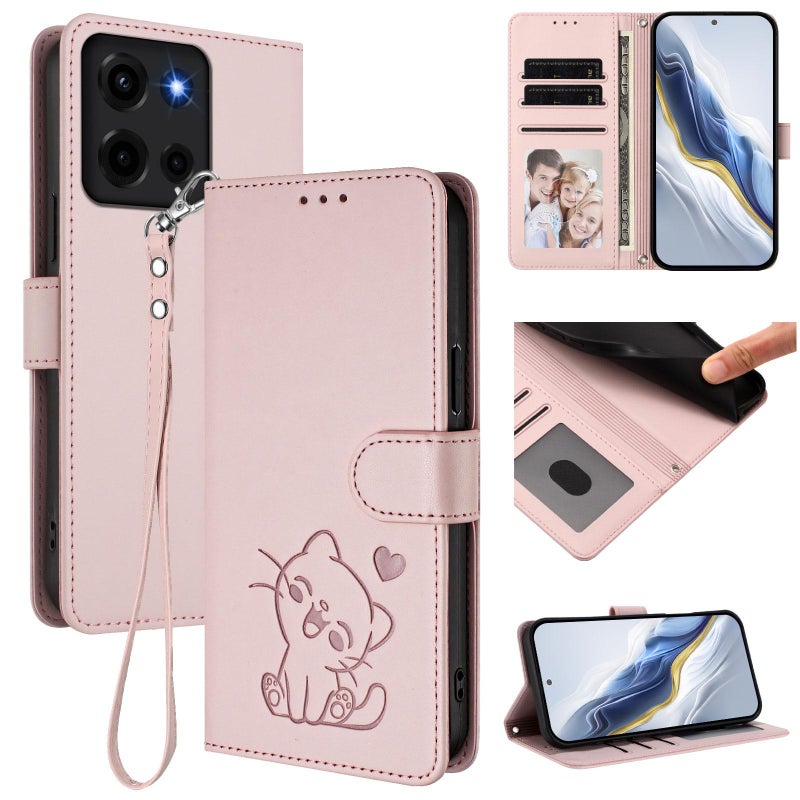 erorex For Motorola Moto G 5G 2025 Embossed  Cat Leather Phone Case with Hand Strap(Pink) - Image 1