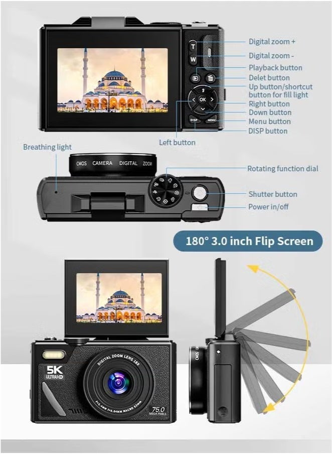 5K Digital Camera, 75MP Camera Digital for Photography, Point and Shoot Camara with 128GB Micro SD Card, 18X Digital Camera with 3 180° Flip Screen, Vlogging Camera for Beginner Gift - Image 5