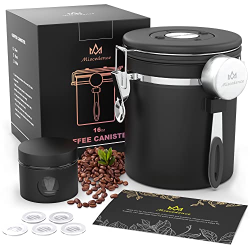 Miscedence Coffee canister set for ground coffee with Date Tracker,Co2 Valve,Travel jar,Stainless Steel Kitchen Food Airtight storage container for Coffee Beans or Grounds,Tea,Sugar (16oz-Black) - Image 1