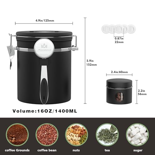 Miscedence Coffee canister set for ground coffee with Date Tracker,Co2 Valve,Travel jar,Stainless Steel Kitchen Food Airtight storage container for Coffee Beans or Grounds,Tea,Sugar (16oz-Black) - Image 4