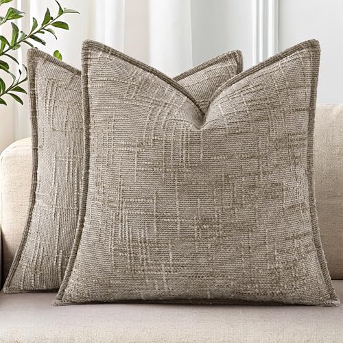 decorUhome Chenille Throw Pillow Covers 22x22 Set of 2 Soft Textured Slubby Modern Decorative Pillow Covers with Elegant Design for Couch Sofa Living Room Oatmeal - Image 1