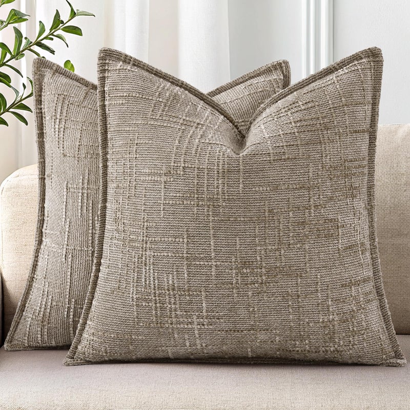decorUhome Chenille Throw Pillow Covers 22x22 Set of 2 Soft Textured Slubby Modern Decorative Pillow Covers with Elegant Design for Couch Sofa Living Room Oatmeal - Image 2