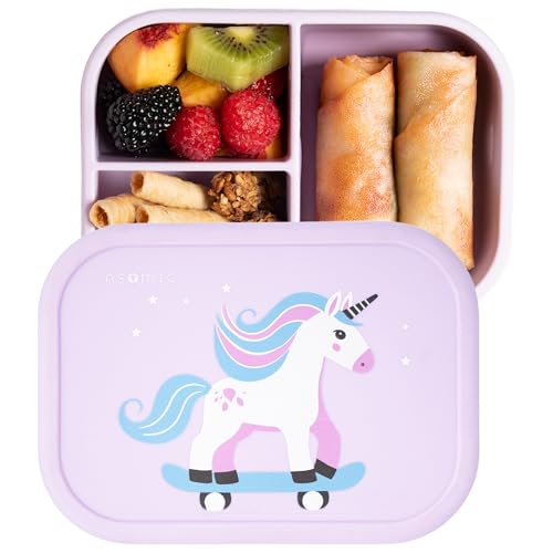 ASOMIC Silicone Bento Lunch Box for Toddlers & Kids, Leakproof & BPA-Free, 3 Compartments, Microwave & Dishwasher Safe, Ideal for Daycare, Preschool & Baby Meals (Unicorn) - Image 1