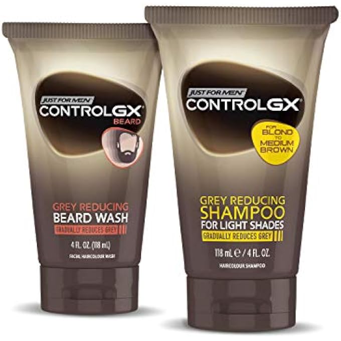 Just for Men Control GX Multipack, Shampoo for Lighter Shades of Hair, and Mustache and Beard Wash, Gradually Colors Grey Hair, 4 oz. Bottles