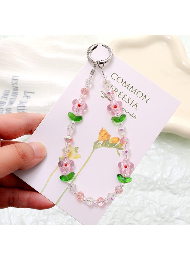 NIBEMINENT Phone Charm/ Chain Strap for Women Girls, Fresh And Sweet Flowers Beads Cell Phone Case Lanyard Wrist Strap,K5143/Pink