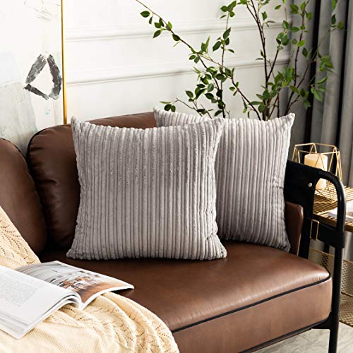 UGS UGASA UGASA Super Soft Plush Corduroy Pillow Covers Solid Textured Large Throw Euro Pillow Sham Cushion Cover for Couch Floor, 2 Pcs, 16 x 16, Light Grey - Image 1