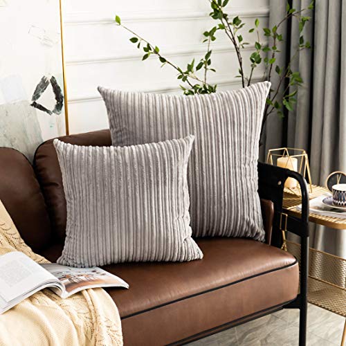 UGS UGASA UGASA Super Soft Plush Corduroy Pillow Covers Solid Textured Large Throw Euro Pillow Sham Cushion Cover for Couch Floor, 2 Pcs, 16 x 16, Light Grey - Image 5