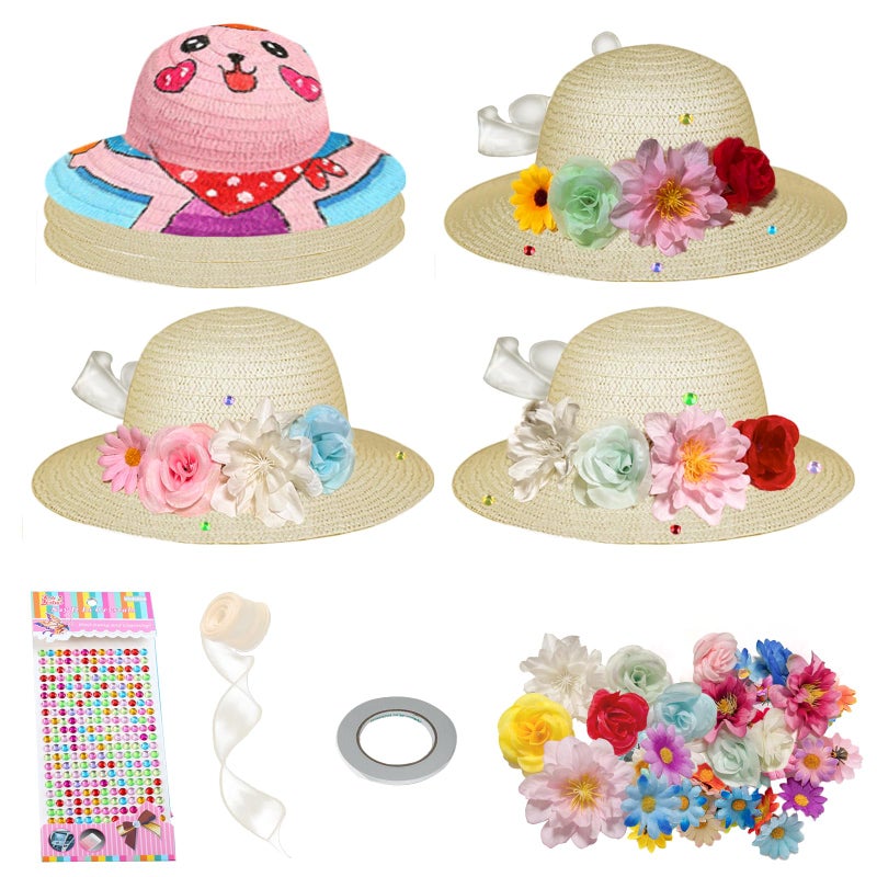 Cinrobiye 12 Set DIY Tea Party Hats for Girls Straw Hat with Artificial Flowers Home School Creative Craft Painting Hats Cowboy Dress Up Straw Hat Mothers Day Tea Birthday Party Decoration Supplies - Image 2