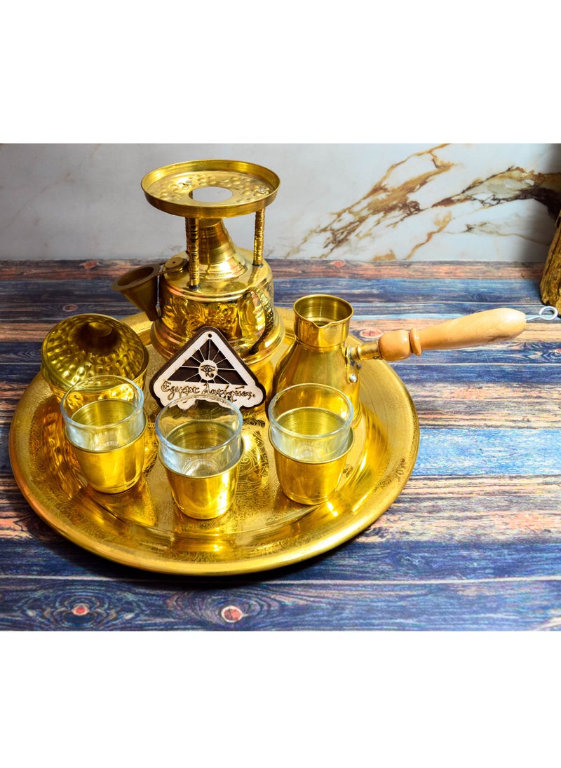 Egypt Antiques 100% pure copper coffee set, consisting of 3 glass cups + copper spartans, sugary serving tray, large handmade candle  - Image 3