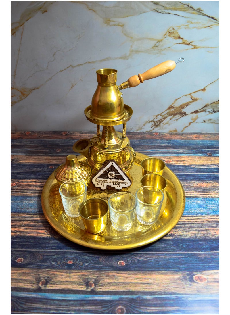 Egypt Antiques 100% pure copper coffee set, consisting of 3 glass cups + copper spartans, sugary serving tray, large handmade candle  - Image 1