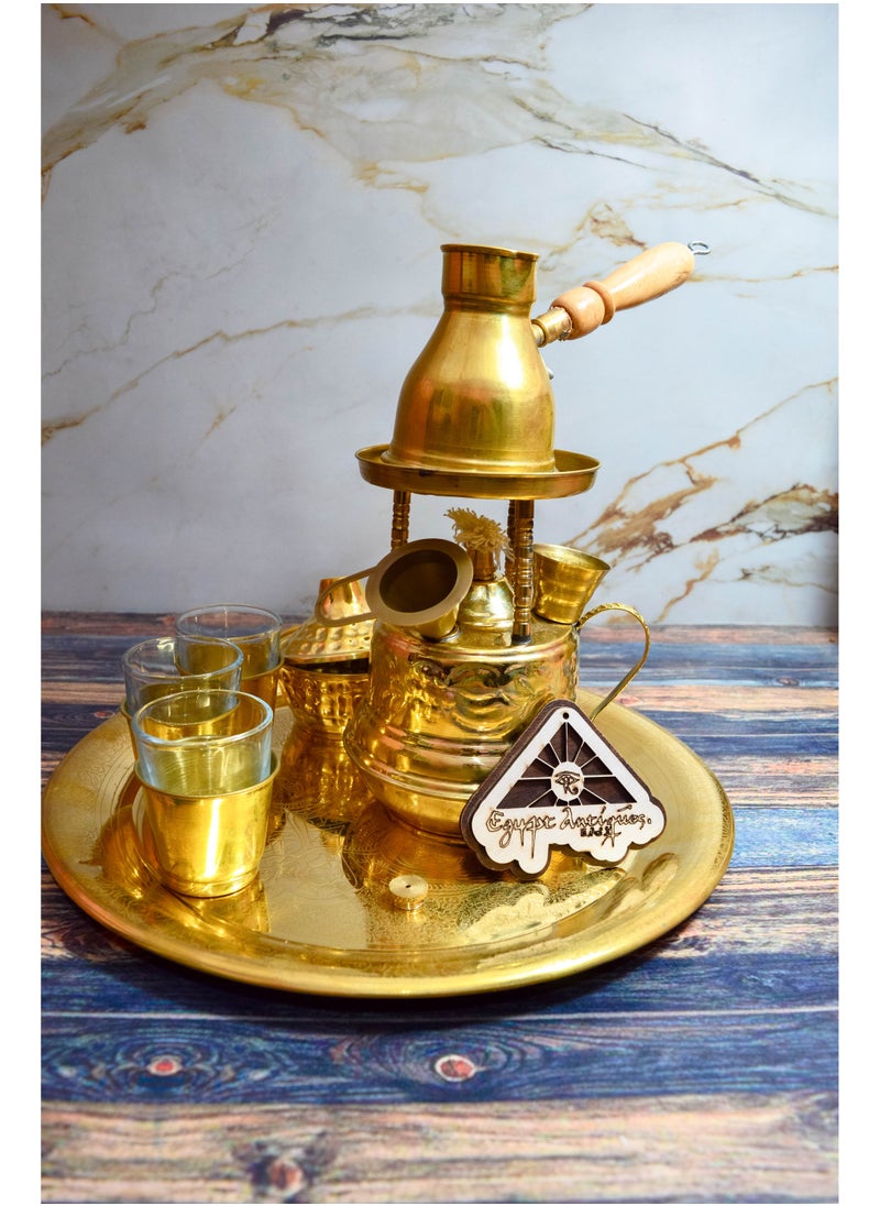 Egypt Antiques 100% pure copper coffee set, consisting of 3 glass cups + copper spartans, sugary serving tray, large handmade candle  - Image 2