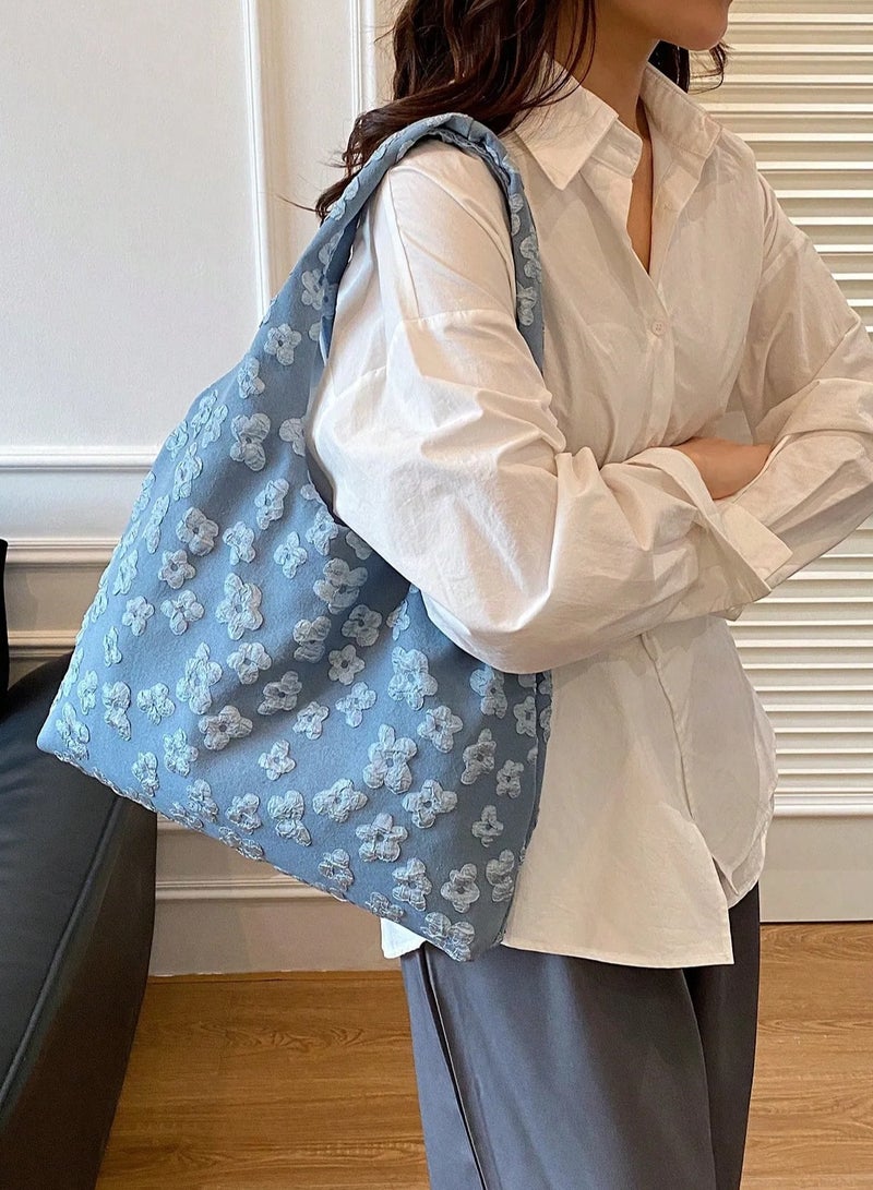 Back to School Women's Bag made from high-quality blue fabric, adorned with a floral pattern – ideal for travel, studying, work, daily errands, and university use. - Image 1