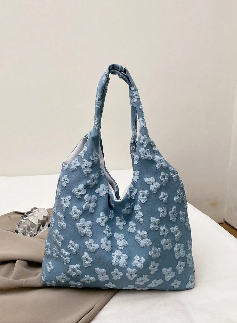 Back to School Women's Bag made from high-quality blue fabric, adorned with a floral pattern – ideal for travel, studying, work, daily errands, and university use. - Image 3