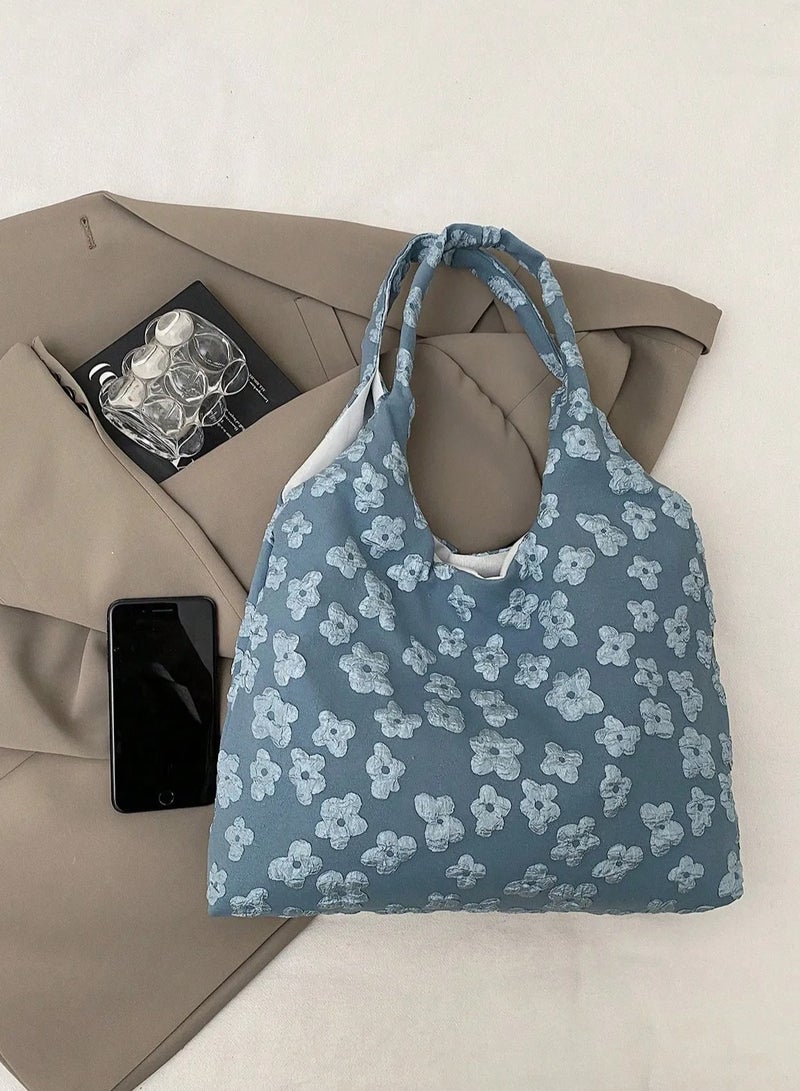 Back to School Women's Bag made from high-quality blue fabric, adorned with a floral pattern – ideal for travel, studying, work, daily errands, and university use. - Image 4