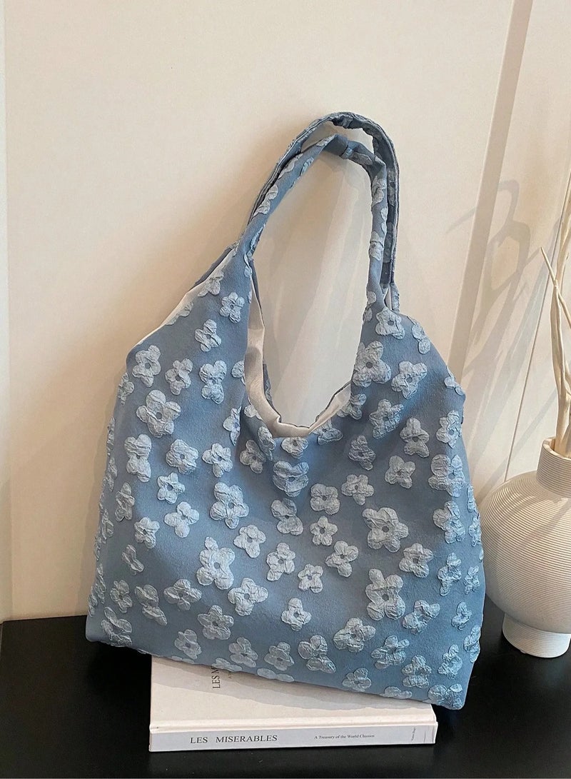 Back to School Women's Bag made from high-quality blue fabric, adorned with a floral pattern – ideal for travel, studying, work, daily errands, and university use. - Image 2