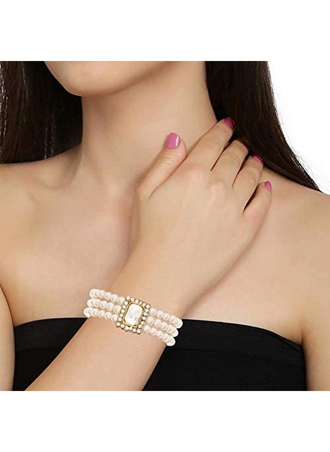 I Jewels I Jewels 18K Gold Plated Traditional 3 Layered Emerald Stone Beaded Pearl Bracelets For Women/Girls (ADB237W) (Pack of 1)  - Image 3