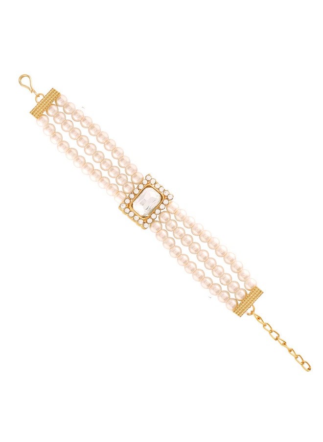 I Jewels I Jewels 18K Gold Plated Traditional 3 Layered Emerald Stone Beaded Pearl Bracelets For Women/Girls (ADB237W) (Pack of 1)  - Image 1