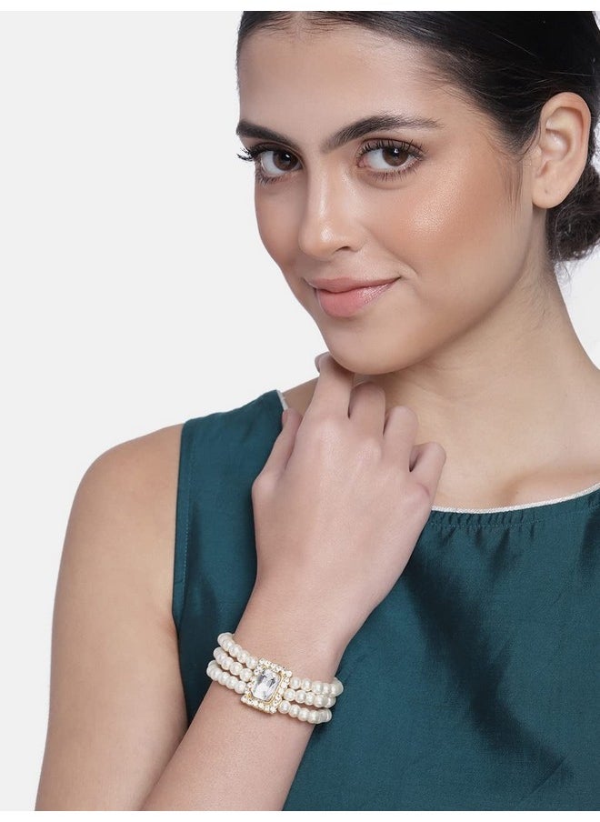 I Jewels I Jewels 18K Gold Plated Traditional 3 Layered Emerald Stone Beaded Pearl Bracelets For Women/Girls (ADB237W) (Pack of 1)  - Image 2