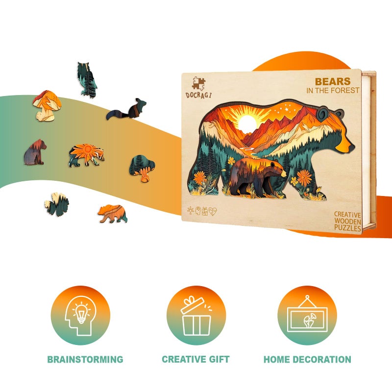 DOCRAGI Wooden Puzzles for Adults - Forest Bears Wooden Jigsaw Puzzle - Unique Animal Shaped Wood Puzzles Adult - Christmas Birthday Gifts for Adults/Friends/Family - 160pcs 13.1 * 7in - Image 4