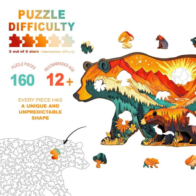 DOCRAGI Wooden Puzzles for Adults - Forest Bears Wooden Jigsaw Puzzle - Unique Animal Shaped Wood Puzzles Adult - Christmas Birthday Gifts for Adults/Friends/Family - 160pcs 13.1 * 7in - Image 2