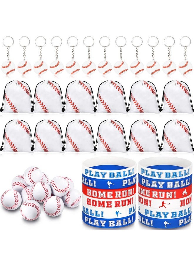 LEIFIDE - 48 Pcs Baseball Party Favors Supplies 12 Baseball Silicone Bracelet 12 Baseball Drawstring Treat Bag 12 Mini Baseball Stress Ball And 12 Baseball Keychains For Birthday Baseball Party Decorations - Image 1