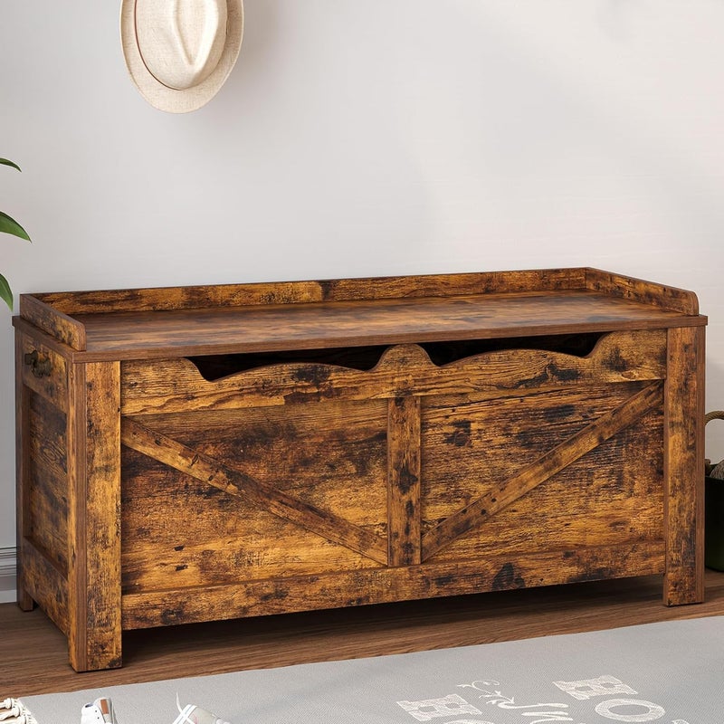 Hzuaneri Hzuaneri 394 Storage Chest Extra Large Storage Trunk with 2 Safety Hinges Wooden Box Bench LiftTop Organizer Chest Shoe Bench for Entryway Bedroom Living Room Rustic Brown SB04501X 