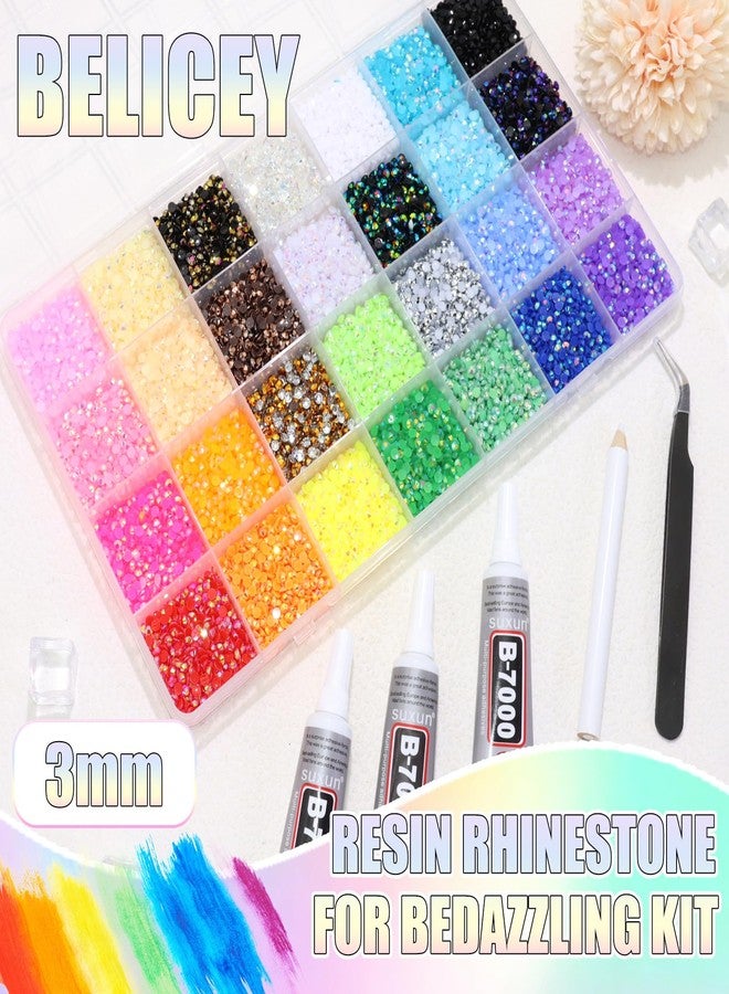 BELICEY 28 Colors Jelly Rhinestones for Bedazzling Resin 3MM Flatback Bedazzled Kit Diamond Art Crystals Bedazzling Gem for DIY Craft Makeup Clothing Nails with Tweezers Pencil - Image 2