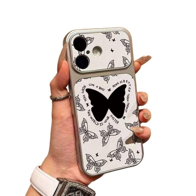 MS غطاء واقي بملمس جلد لـ iPhone 17 / 17 Air / 17 Pro / 17 Pro Max مع نقشة فراشة وحامل قابل للطي مع مقاوم للصدمات مع مقاوم للخدش مع حماية من السقوط باللون أبيض بوظيفة حامل باللون الأ. - Image 1