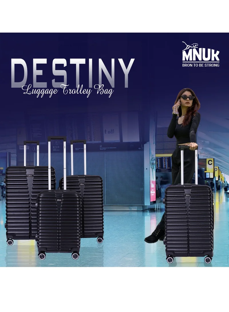 MNUK Destiny Set of 3 Luggage | Hardside Soft Handle Trolley with TSA Lock |Double 360° 4 Wheeler| Cabin-20 Inch, Medium- 24 Inch, Large-28 Inch| Black