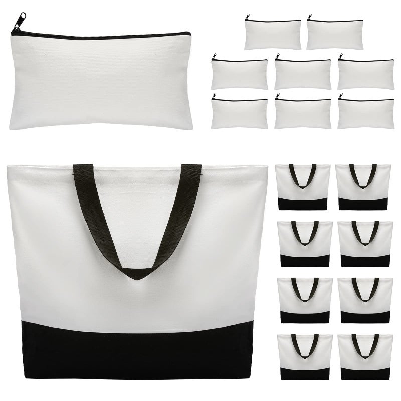 Reginary Reginary 16 Pieces Canvas Tote Makeup Bag Blank Plain Large Reusable Grocery Shopping Cloth Bags with Handles DIY Craft Canvas Pencil Case with Zipper Cosmetic School Supplies - Image 1