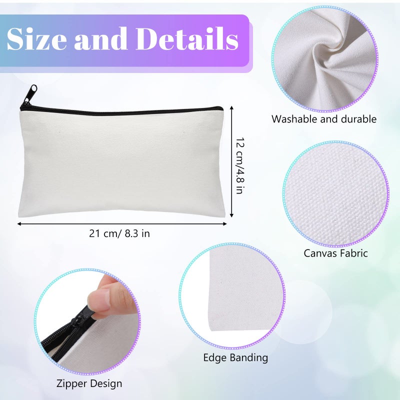 Reginary Reginary 16 Pieces Canvas Tote Makeup Bag Blank Plain Large Reusable Grocery Shopping Cloth Bags with Handles DIY Craft Canvas Pencil Case with Zipper Cosmetic School Supplies - Image 4