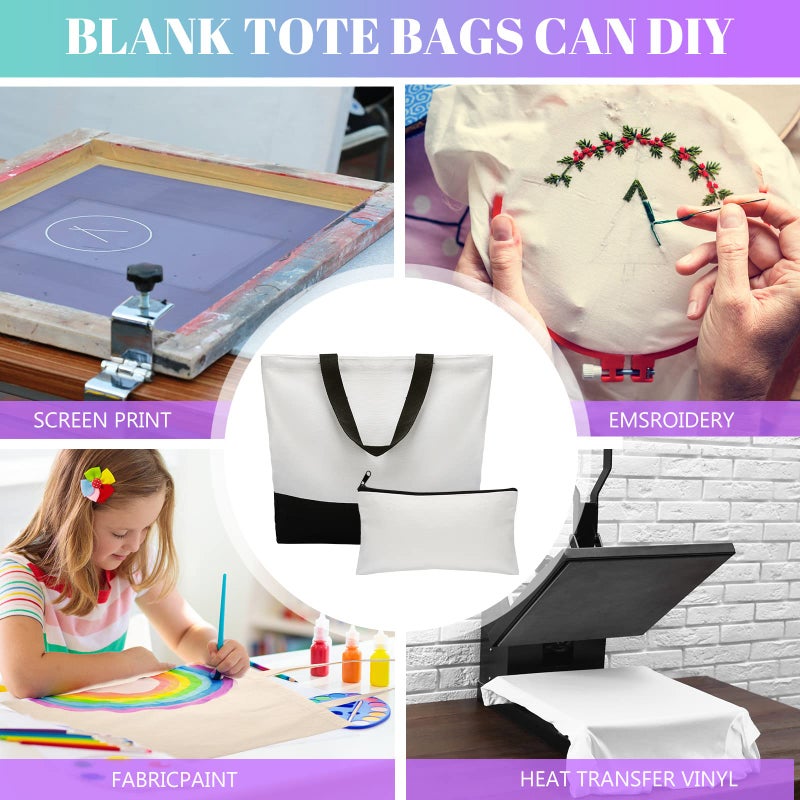 Reginary Reginary 16 Pieces Canvas Tote Makeup Bag Blank Plain Large Reusable Grocery Shopping Cloth Bags with Handles DIY Craft Canvas Pencil Case with Zipper Cosmetic School Supplies - Image 2
