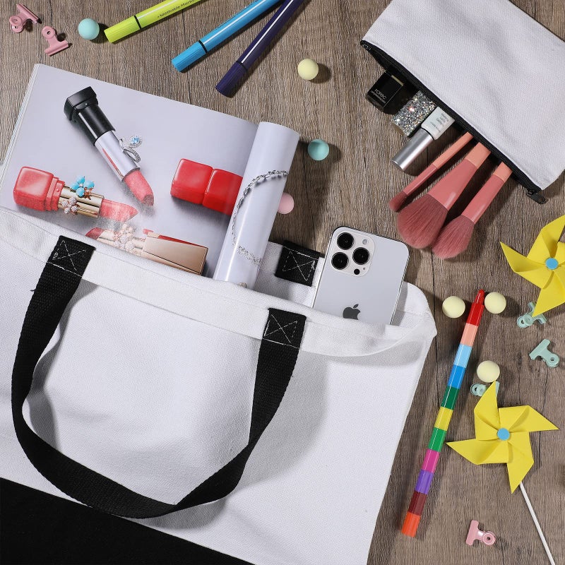 Reginary Reginary 16 Pieces Canvas Tote Makeup Bag Blank Plain Large Reusable Grocery Shopping Cloth Bags with Handles DIY Craft Canvas Pencil Case with Zipper Cosmetic School Supplies - Image 5