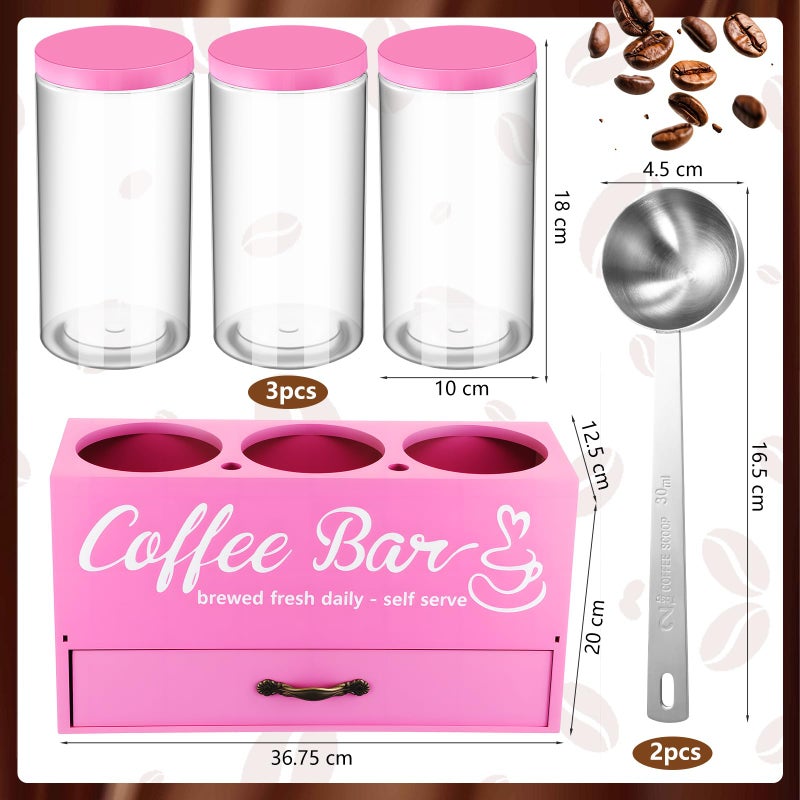Skybooly 3 Pcs Coffee Bar Containers Set Include Coffee Sugar Container with Lid and Spoon and Double Layer Storage Box with Drawer for Bar Kitchen Countertop (Pink) - Image 2
