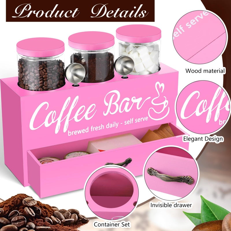 Skybooly 3 Pcs Coffee Bar Containers Set Include Coffee Sugar Container with Lid and Spoon and Double Layer Storage Box with Drawer for Bar Kitchen Countertop (Pink) - Image 3